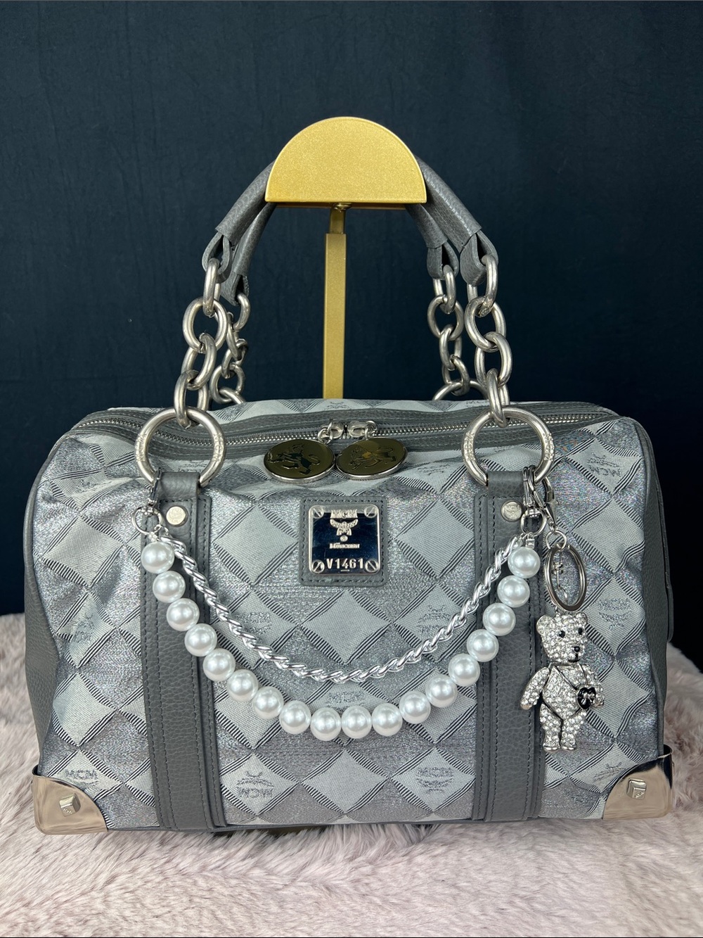 MCM München Rare Silver Metallic Jacquard Boston Satchel Chain Handle Bag EUC